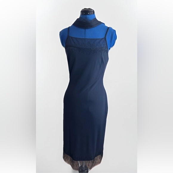 Vintage 90s Cache Little Black Dress Strap Beaded Fringe Hem With Shawl Size 6 - Picture 8 of 10